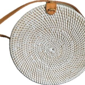 Stylish White and Tan Woven Round Bag